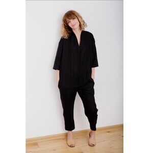OffOn 100% Linen V-Neck 3/4 Sleeve Belted Cropped Kimono Jumpsuit M